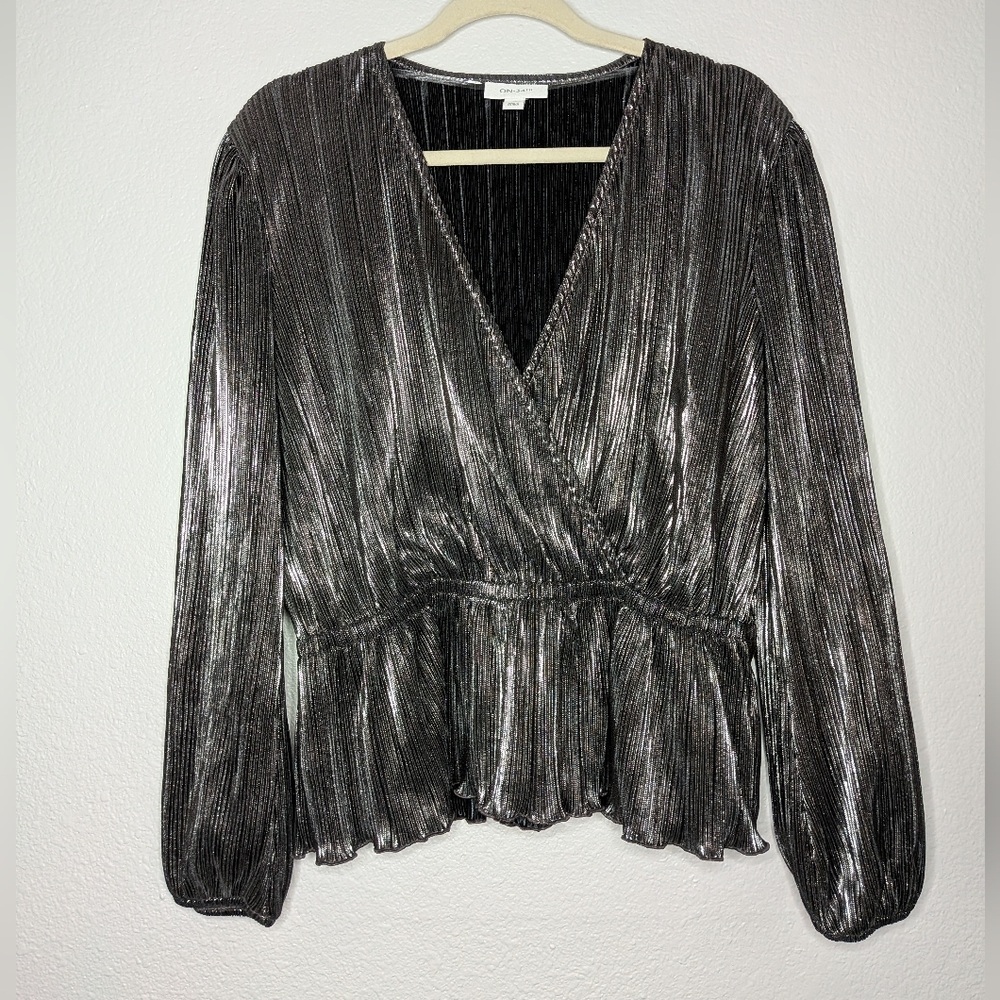 On 34th Womens Silver Metallic Black Yacht Old Money Gala Wrap Top Blouse M
